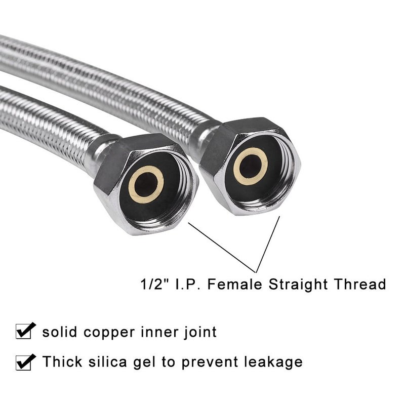Vataler Faucet Line Connector Braided 304 Stainless Steel Supply Hose 1/2" I.P. Female Thread to 1/2" I.P. Female Straight Thread Faucet Hose Replacement (One Pair) - Image 4